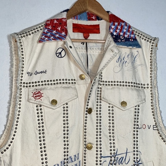 Hilfiger Collection Studded Jean Vest NWT Women 4 Ivory American Flag Embroidery - Picture 3 of 15